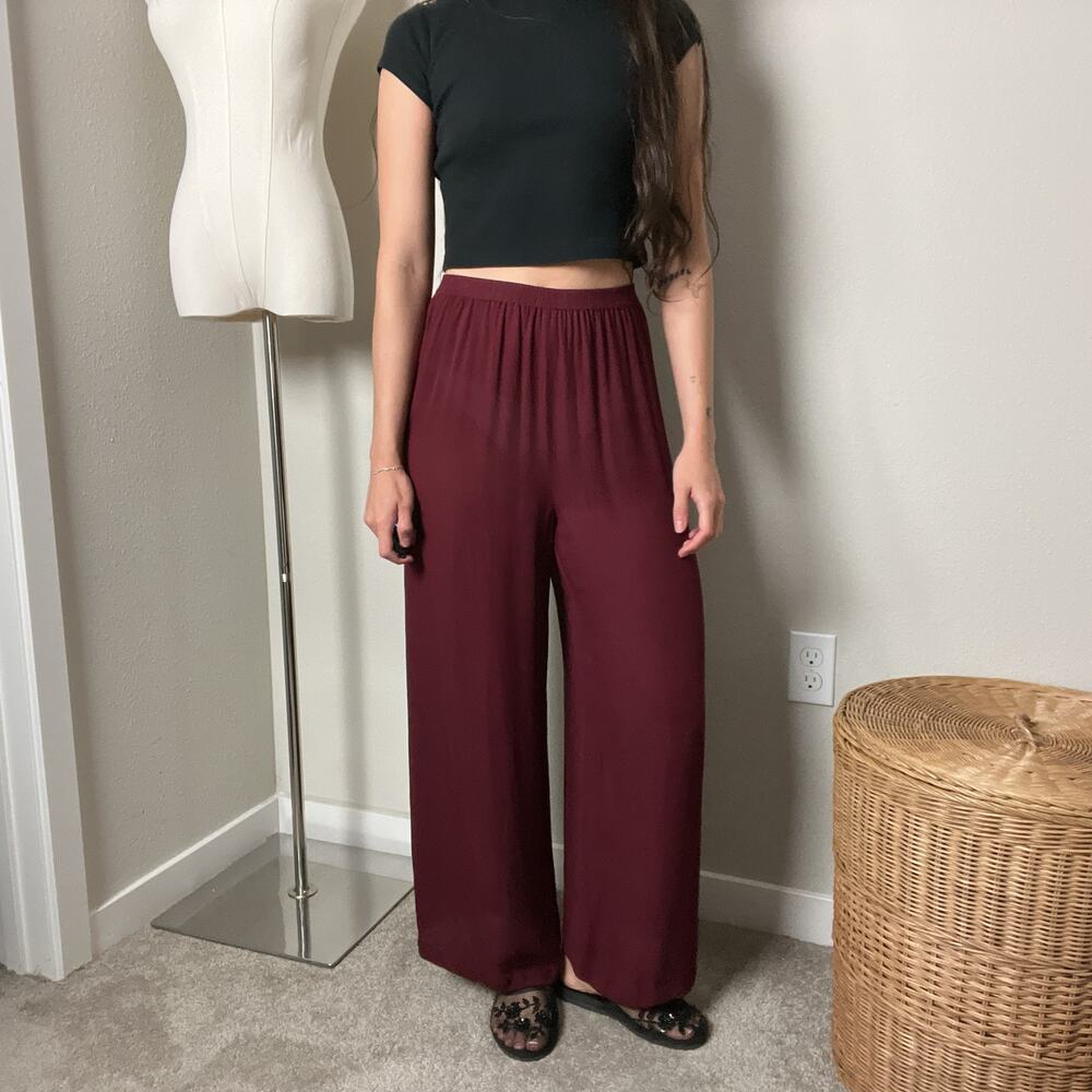 vintage maroon red semi sheer silk high waisted wide leg palazzo pull on pants